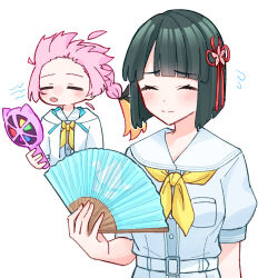 2girls anyoji_hime blonde_hair blunt_bangs blush closed_eyes closed_mouth cropped_torso dress flower_knot flying_sweatdrops folding_fan furrowed_brow gradient_hair hand_fan handheld_electric_fan hasu_no_sora_school_uniform highres holding holding_fan hood hood_down hooded_jacket jacket link!_like!_love_live! long_hair love_live! momose_ginko multicolored_hair multiple_girls neckerchief open_clothes open_jacket open_mouth pink_hair ponytail puffy_short_sleeves puffy_sleeves revision sailor_collar school_uniform short_hair short_sleeves split_mouth summer_uniform upper_body virtual_youtuber white_background white_dress white_jacket white_sailor_collar yellow_neckerchief zangemiya