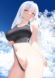 Rule 34 | 1girl, black one-piece swimsuit, blue eyes, blush, breasts, clothes pull, clothing aside, cloud, cloudy sky, collarbone, commentary request, competition swimsuit, contrapposto, cowboy shot, from below, highleg, highres, large breasts, long hair, looking at viewer, navel, one-piece swimsuit, one-piece swimsuit pull, original, paid reward available, self wedgie, sideboob, sky, solo, swimsuit, swimsuit aside, tatsumiya kagari, thighs, wedgie, white hair