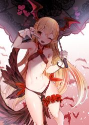 1girl ;d absurdres arm_up armpits bare_shoulders bat_(animal) bat_wings bikini blonde_hair collarbone criss-cross_halter fangs female_focus flower frilled_gloves frilled_thigh_strap frills gloves gluteal_fold granblue_fantasy halterneck hands_up harigane_shinshi head_wings heart highres loli long_hair micro_bikini navel one_eye_closed open_clothes open_mouth pointy_ears red_eyes red_flower red_rose rose shingeki_no_bahamut side-tie_bikini_bottom simple_background smile solo standing stomach swimsuit thigh_strap thighs vampire vampy very_long_hair white_gloves wings
