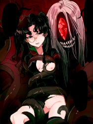 1girl amon_(lord_of_the_mysteries) black_eyes black_hair breasts chinese_commentary commentary_request disgust genderswap genderswap_(mtf) highres kikinotamai lord_of_the_mysteries monocle monster nipples open_mouth parted_bangs pussy restrained sharp_teeth slime_(substance) small_breasts teeth tentacles torn_clothes twintails white_hair