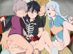 4boys anal anus arm_behind_back ass ass_focus ass_grab black_shorts blonde_hair character_name cum cum_on_body fire formal_clothes harem headphones highres iwakiyamayukisatoshironanogojuurokushi_akira kemono_jihen kusaka_kabane long_sleeves male_focus male_penetrated mole multiple_boys necktie pimp short_hair short_shorts shorts shota spread_anus suit tademaru_shiki topless_male underwear yaoi yellow_eyes