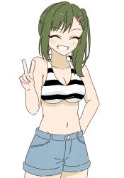 1girl ^_^ bikini bikini_top_only blue_shorts breasts cleavage closed_eyes collarbone commentary facing_viewer green_hair grin hair_ornament hairclip hand_on_own_hip highres link!_like!_love_live! llkapital long_hair love_live! medium_breasts navel official_alternate_costume official_alternate_hairstyle ogami_sachi parallel_hairclips shorts simple_background smile solo stomach striped_bikini striped_clothes swimsuit v white_background white_bikini