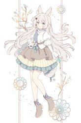 Rule 34 | 1girl, :q, absurdres, animal ear fluff, animal ears, blush, boots, brown boots, brown skirt, closed mouth, commentary, fox ears, fox girl, fox tail, frilled skirt, frills, full body, green eyes, grey hair, highres, layered skirt, long hair, long sleeves, looking at viewer, original, shirt, skirt, smile, solo, standing, tail, tongue, tongue out, tsukiyo (skymint), white background, white shirt