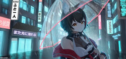 1girl absurdres animal_ear_fluff animal_ears building city_lights cityscape cleavage_cutout closed_mouth clothing_cutout coat collar facing_viewer highres holding holding_umbrella hololive jacket looking_at_viewer mazellan neon_lights night off_shoulder ookami_mio open_clothes open_jacket rain sign sleeveless solo storefront transparent transparent_umbrella twitter_username umbrella wolf_ears wolf_girl yellow_eyes