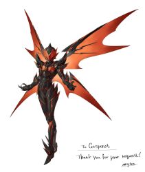 Rule 34 | 1boy, armor, black armor, black gloves, commentary, commission, english commentary, english text, full body, fusion, gloves, helmet, knight blazer, male focus, mask, mytea (soso), original, redesign, simple background, skeb commission, solo, white background, wild arms, wild arms 2, wings
