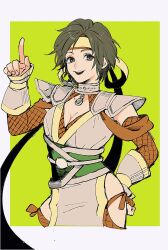 1girl armor ashinamaturi border breasts brown_eyes brown_hair cleavage cowboy_shot fishnet_top fishnets green_background hand_on_own_hip headband highres japanese_clothes looking_at_viewer medium_breasts nene_(sengoku_musou) open_mouth pelvic_curtain pendant_choker pointing sengoku_musou sengoku_musou_2 short_hair shoulder_armor smile solo white_border