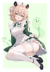 1girl 1other animal_ears apron blush brown_hair commentary crossed_bangs dress english_commentary ghost green_dress green_eyes hair_intakes hair_ribbon hat high_heels highres hitsukuya indie_virtual_youtuber long_sleeves looking_at_viewer medium_hair name_tag naplings_(nimi_nightmare) nimi_nightmare nurse_cap open_mouth panties ribbon sitting smile tapir_ears tapir_girl teeth thighhighs underwear upper_teeth_only virtual_youtuber white_apron white_hat white_panties white_ribbon white_thighhighs