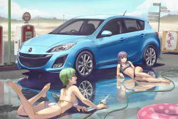 2girls ahoge ass bare_legs barefoot bikini car car_wash desert feet gas_pump gas_station glasses green_hair grey_hair hose innertube legs long_hair lying mazda mazda_3 motor_vehicle multiple_girls navel on_side on_stomach original purple_hair red-framed_eyewear reflection short_hair side-tie_bikini_bottom swim_ring swimsuit tan_taka water