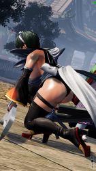 1girl 3d ass ass_focus black_hair black_leotard breasts butterfly_swords curvy highleg highleg_leotard highres holding holding_weapon huge_ass iroha_(samurai_spirits) kneeling large_breasts leotard leotard_under_clothes maid maid_headdress ryona samurai_spirits screencap shiny_skin short_hair sideboob skindentation solo thighhighs third-party_edit thong_leotard weapon wide_hips