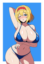 1girl :o absurdres alice_margatroid arm_behind_head arm_under_breasts bikini blonde_hair blue_background blue_bikini blue_eyes blush breasts cowboy_shot highres large_breasts looking_at_viewer navel one_eye_closed red_hair short_hair solo ssaf_seibeupail stomach sweat swimsuit touhou