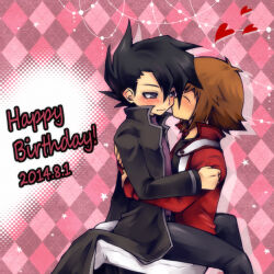 2boys black_coat black_hair black_pants blush brown_hair coat dated embarrassed happy_birthday hug jacket kiss male_focus manjoume_jun multiple_boys pants pink_background purple_shirt red_jacket shirt wavy_mouth white_pants yaoi yoya_torisan yu-gi-oh! yu-gi-oh!_gx yuki_judai