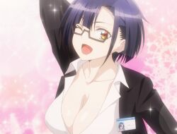 1girl anime_screenshot arm_behind_head breasts cleavage glasses highres large_breasts nias_carlin office_lady one_eye_closed open_mouth orange_eyes ore_wa_seikan_kokka_no_akutoku_ryoushu! purple_hair short_hair solo stitched third-party_edit tongue wink