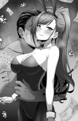1boy 1girl animal_ears arisugawa_natsuha banknote bare_arms bare_shoulders blush bow bowtie breasts clothed_female_nude_male covered_navel cowboy_shot detached_collar dice dice_earrings earrings eruu_(eruuman) fake_animal_ears fishnet_pantyhose fishnets greyscale grimace high_ponytail highleg highleg_leotard highres idolmaster idolmaster_shiny_colors jewelry large_breasts leotard licking long_hair money monochrome nude pantyhose playboy_bunny ponytail rabbit_ears strapless strapless_leotard tearing_up wing_collar yen