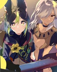 2boys animal_ear_fluff animal_ears black_choker black_gloves black_hair choker closed_mouth commentary_request cyno_(genshin_impact) earrings flower fox_boy fox_ears genshin_impact gloves green_hair grey_hair hair_over_one_eye highres hood hood_down jewelry male_focus medal multicolored_hair multiple_boys parted_lips railing red_eyes single_earring snzisnr tassel tighnari_(genshin_impact) yellow_flower
