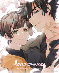 1boy 1girl absurdres artist_name between_fingers black_hair black_jacket black_shirt blue_eyes brown_eyes brown_hair brown_jacket character_name cherry_blossoms cigarette closed_mouth commentary_request copyright_name couple hand_on_another&#039;s_back hetero highres holding holding_cigarette jacket korean_commentary kougami_shin&#039;ya looking_at_viewer partial_commentary psycho-pass shirt short_hair show_1818 smile tsunemori_akane