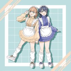 2girls :d alternate_costume aqua_background blue_eyes blue_jacket blue_skirt blush drop_shadow frilled_skirt frills full_body grid_background hair_ribbon highres hinoshita_kaho jacket jersey_maid leg_warmers link!_like!_love_live! long_hair long_sleeves looking_at_viewer love_live! low_twintails maid maid_headdress medium_hair michisato miniskirt multiple_girls murano_sayaka open_mouth orange_jacket orange_skirt ribbon shoes short_twintails skirt smile sneakers standing track_jacket twintails unconventional_maid virtual_youtuber white_leg_warmers white_shoes