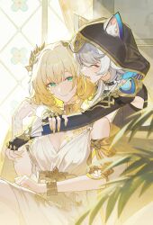 2girls aglaea_(honkai:_star_rail) animal_ear_fluff animal_ears animal_hood blonde_hair breast_tattoo breasts cat_ears cat_girl cat_hood cipher_(honkai:_star_rail) cleavage dress gold_tattoo green_eyes grey_hair hashtag-only_commentary highres honkai:_star_rail honkai_(series) hood hug large_breasts laurel_crown multiple_girls rj_(lingshih10) short_hair short_hair_with_long_locks smile tattoo white_dress