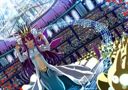 1girl bad_id bad_pixiv_id band_(music) bangle baton beamed_quavers blue_eyes blurry bracelet breasts cleavage conductor conductor_baton coral crowd depth_of_field detached_sleeves eel female_focus fins fish frills gears ginhaha hair_ornament harp head_fins hermit_crab instrument jewelry long_hair long_sleeves mermaid monster_girl musical_note navel open_mouth orchestra purple_hair puzzle_&amp;_dragons quaver seahorse siren_(p&amp;d) solo stadium musical_staff tiara trumpet underwater very_long_hair violin