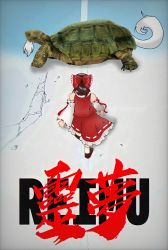 absurdres akira_(manga) beard bow brown_hair brown_shoes collar crack cracked_floor detached_sleeves facial_hair genjii_(touhou) hair_bow hakurei_reimu highres japanese_clothes japanese_text miko mu513989 nontraditional_miko parody poster_(medium) red_bow red_shirt red_skirt ribbon-trimmed_sleeves ribbon_trim romaji_text shirt shoes short_hair skirt skirt_set sleeveless socks solo style_parody touhou touhou_(pc-98) turtle white_collar white_socks
