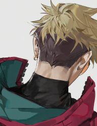 1boy black_shirt blonde_hair citronplanet coat earrings facing_away from_behind glasses highres jewelry looking_down male_focus popped_collar red_coat round_eyewear shirt short_hair single_earring solo trigun trigun_stampede turtleneck undercut vash_the_stampede white_background