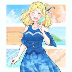 Rule 34 | 1girl, :d, ^ ^, blonde hair, blue feathers, blue shirt, blue skirt, blue sky, blush, braid, braided bun, breasts, closed eyes, clothing cutout, cloud, collarbone, commentary request, crown braid, eikyuu hours, facing viewer, feathers, group name, hair bun, highres, holding, holding feather, jewelry, long hair, love live!, love live! sunshine!!, medium breasts, mountain, necklace, ocean, official alternate costume, ohara mari, open mouth, orange sky, sand writing, school, shirt, short sleeves, shoulder cutout, single feather, single side bun, skirt, skirt set, sky, smile, solo, star (symbol), star necklace, teeth, upper teeth only, utauta ants