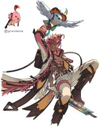 Rule 34 | 1boy, abs, arm up, artist name, bag, bird, boots, brown bag, brown boots, cacucu, closed mouth, coat, collared coat, commentary, cowboy hat, dark-skinned male, dark skin, english commentary, eyepatch, fold-over boots, genshin impact, gloves, gradient hair, grandaloe, hair between eyes, hat, hat feather, highres, holding, holding sword, holding weapon, ifa (genshin impact), instagram logo, instagram username, knee up, long sleeves, looking at viewer, male focus, medical eyepatch, multicolored hair, multiple scars, muscular, muscular male, one eye covered, open clothes, open coat, orange eyes, orange hair, pants, pectorals, pink coat, pink hair, red hair, reference inset, role reversal, scar, scar on arm, scar on stomach, short hair, simple background, smile, streaked hair, sword, thigh strap, v-shaped eyebrows, weapon, white background, white coat, white gloves, white hat, white pants