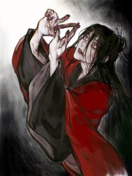 Rule 34 | 1boy, arms up, black eyes, black hair, black hanfu, blood, blood on arm, blood on face, blood on hands, blood on neck, chinese clothes, chinese commentary, coat, cuts, dao gui yi xian, hair between eyes, hair bun, hair ornament, hair stick, hands up, hanfu, highres, injury, li huowang, long hair, long sleeves, looking up, male focus, pale skin, parted lips, red coat, red eyes, robe, single hair bun, solo, upper body, weiyexy, wide-eyed, wide sleeves