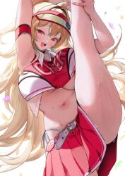 Rule 34 | 1girl, :d, arm strap, armpits, belt, blonde hair, blush, cheerleader, clay (nikke), crop top, double-parted bangs, fang, gluteal fold, goddess of victory: nikke, hair intakes, highleg, highleg panties, highres, holding own leg, leg up, lock, long hair, looking at viewer, mikan03 26, mole, mole on stomach, nail polish, navel, open mouth, padlock, padlocked collar, panties, pleated skirt, red eyes, rewind (nikke), side-tie panties, skirt, smile, sweat, thighs, two-tone tank top, underwear, visor cap, white belt