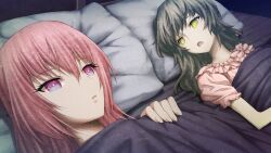 2girls akiha_rumiho amane_suzuha bed bed_sheet brown_hair collar facing_another fingernails frilled_collar frilled_pajamas frills game_cg hair_down head_on_pillow highres huke lips long_hair looking_at_another looking_up multiple_girls narrowed_eyes no_animal_ears no_headwear non-web_source official_art on_bed open_mouth pajamas pillow pink_eyes pink_hair pink_pajamas puffy_short_sleeves puffy_sleeves ringed_eyes shared_bed shared_blanket shiny_lips short_sleeves square_pupils steins;gate steins;gate:_linear_bounded_phenogram talking tongue tsurime under_covers yellow_eyes