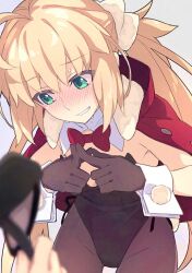 1girl ahoge artoria_caster_(fate) artoria_pendragon_(fate) black_leotard blonde_hair blush bow bowtie breasts brown_gloves brown_pantyhose capelet detached_collar fate/grand_order fate_(series) gloves green_eyes grin leotard long_hair looking_to_the_side pantyhose red_capelet saipaco small_breasts smile solo_focus thighs twintails wrist_cuffs