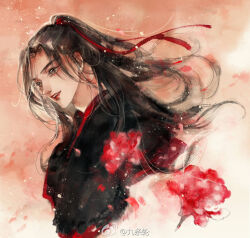 1boy alternate_hairstyle bishounen black_hair black_hanfu chinese_clothes floating_hair flower grey_eyes hair_ribbon half_updo hanfu high_ponytail ink_wash_painting kcllzas163 light_particles long_hair looking_to_the_side male_focus modao_zushi painting_(medium) parted_lips petals ponytail red_flower red_ribbon ribbon smile solo third-party_source traditional_media upper_body watermark wei_wuxian weibo_watermark
