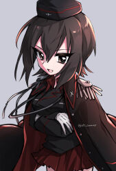 1girl arms_under_breasts black_coat black_jacket breasts brown_eyes brown_hair coat cross crossed_arms epaulettes garrison_cap girls_und_panzer gloves grey_background hat iron_cross jacket kuromorimine_military_uniform large_breasts looking_at_viewer military military_hat military_jacket military_uniform miniskirt natsusa_(nts_summer) nishizumi_maho open_mouth pleated_skirt red_shirt red_skirt shirt short_hair simple_background skirt solo white_gloves