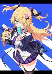 1girl bare_shoulders black_nails black_ribbon blonde_hair blue_jacket blush brown_thighhighs closed_mouth collared_shirt commentary_request cowboy_shot eyepatch fischl_(genshin_impact) food genshin_impact green_eyes hair_ornament hair_over_one_eye hair_ribbon highres holding holding_food holding_popsicle jacket kamuraaa_615 long_hair long_sleeves nail_polish necktie open_clothes open_jacket plaid_clothes plaid_skirt pleated_skirt popsicle purple_necktie purple_skirt ribbon shirt single_thighhigh skirt sleeveless sleeveless_shirt smile solo striped_necktie thighhighs two_side_up white_shirt x_hair_ornament