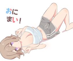 1girl bare_arms bare_legs bare_shoulders barefoot blush_stickers breasts brown_hair camisole collarbone commentary dot_nose drawstring grey_shorts hair_between_eyes kitahara_yuriko knees_up large_breasts looking_at_viewer lying midriff navel on_back onii-chan_wa_oshimai! parted_lips pon_sugar purple_eyes short_hair short_shorts shorts simple_background solo white_background white_camisole