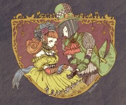 1boy 1girl adapted_costume alena_(dq4) ascot black_gloves blue_bow blunt_bangs blush_stickers bow buttons choker clift commentary_request couple curly_hair double-breasted dragon_quest dragon_quest_iv dress flower frilled_choker frilled_wrist_cuffs frills gloves gold_border gothic_lolita green_hat green_streaks grey_background grey_hair hair_flower hair_ornament hat hat_bow hetero juliet_sleeves lolita_fashion long_hair long_sleeves medium_hair naoqat off_shoulder orange_eyes orange_hair puffy_short_sleeves puffy_sleeves red_ascot red_background red_flower red_rose rose short_sleeves tailcoat upper_body wrist_cuffs yellow_dress yellow_hat