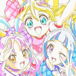 3girls ahoge aokaze_nana arm_up asymmetrical_dress bare_shoulders beads blonde_hair blue_bow blue_bowtie blue_dress blue_hair blunt_bangs bow bow_choker bowtie bridal_gauntlets brooch choker collar cure_idol cure_kyunkyun cure_wink detached_collar detached_sleeves dot_nose dress drill_hair earrings eyelashes fingernails hair_beads hair_between_eyes hair_bobbles hair_bow hair_ornament hair_ribbon hairband hairclip hand_on_own_cheek hand_on_own_face happy heart heart_brooch heart_hair_ornament highres jewelry kimi_to_idol_precure light_blush long_hair looking_at_viewer magical_girl multicolored_hair multiple_earrings multiple_girls off-shoulder_dress off_shoulder one_eye_closed open_mouth parted_bangs pink_bow pink_bowtie pink_hairband pink_ribbon pink_shirt pink_skirt plaid_bow plaid_bowtie plaid_clothes plaid_dress plaid_ribbon precure puffy_short_sleeves puffy_sleeves purple_bow purple_choker purple_dress purple_eyes purple_hair ribbon sakura_uta_(precure) shigure_kokoro shirt short_sleeves single_bare_shoulder single_off_shoulder skirt sleeveless sleeveless_shirt smile sphere_earrings streaked_hair sugimoto_miho tareme teeth twin_drills twintails two-tone_hair two-tone_shirt upper_body upper_teeth_only white_background white_bridal_gauntlets white_collar white_hairband white_shirt white_sleeves yellow_eyes