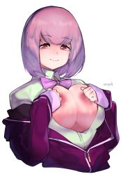 Rule 34 | 10s, 1girl, areola slip, artist name, bad id, bad pixiv id, bow, breasts, cleavage, female focus, gridman universe, highres, large breasts, looking at viewer, purple bow, purple hair, raised eyebrows, red eyes, roropull, school uniform, shinjou akane, signature, simple background, smile, solo, ssss.gridman, unzipped, white background