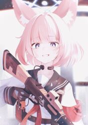 Rule 34 | 1girl, animal ear fluff, animal ears, armband, benelli m3, blue archive, blue eyes, fingerless gloves, fox ears, fox girl, gloves, grin, gun, halo, highres, long sleeves, looking at viewer, neckerchief, niko (blue archive), pink hair, pump action, red armband, red neckerchief, sailor collar, school uniform, serafuku, short hair, shotgun, smile, solo, tactical school uniform, trigger discipline, ula ula00, weapon