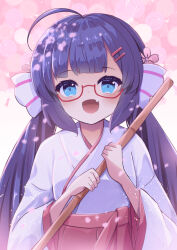 Rule 34 | 1girl, antenna hair, blue eyes, blue hair, broom, fang, flower, glasses, hair flower, hair ornament, hairclip, highres, holding, holding broom, japanese clothes, kimono, long hair, long sleeves, looking at viewer, low twintails, mitsugushi yuu, open mouth, otomachi una, pink background, solo, tongue, twintails, upper body, vocaloid, white kimono