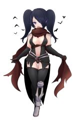 1girl armor armored_boots assassin_cross_(ragnarok_online) black_gloves black_hair black_leotard black_thighhighs boots breasts commentary_request elbow_gloves eyes_visible_through_hair full_body gloves hair_between_eyes hair_over_one_eye highres leotard long_bangs long_hair looking_at_viewer medium_breasts navel one_eye_closed open_mouth pauldrons pochiko_(poteko) pointy_ears purple_eyes ragnarok_online red_scarf revealing_clothes scarf shoulder_armor simple_background solo thighhighs torn_clothes torn_scarf transparent_background twintails