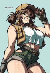 1girl absurdres black_gloves blue_background breasts brown_hair brown_hat brown_jacket fingerless_gloves fio_germi glasses gloves green_shorts hat highres jacket komatsuki_n looking_at_viewer medium_breasts metal_slug midriff open_clothes open_jacket round_eyewear shirt short_hair shorts simple_background smile solo standing white_shirt