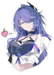 Rule 34 | 1girl, absurdres, acheron (honkai: star rail), arrow (symbol), black choker, breasts, choker, cleavage, commentary, criss-cross halter, cropped jacket, earrings, english commentary, food, fruit, halterneck, highres, honkai: star rail, honkai (series), jacket, jewelry, long hair, looking at viewer, midriff, peach, purple eyes, purple hair, solo, sparks summer, swept bangs, upper body, white background, white jacket