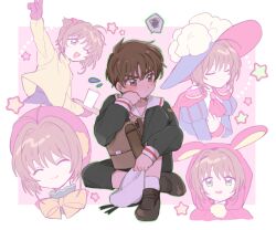 1boy animal_ears blush bow brown_eyes brown_hair cape cardcaptor_sakura child closed_eyes gloves kinomoto_sakura kumasaki li_syaoran one_eye_closed rabbit_ears red_cape red_gloves sailor_collar school_uniform smile star_(symbol) tomoeda_elementary_school_uniform white_sailor_collar yellow_bow