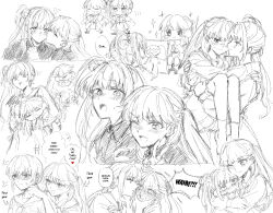 +++ 2girls ;) absurdres anger_vein arrow_(symbol) blush blush_stickers carrying carrying_person carrying_under_arm cheek_poking chibi closed_eyes closed_mouth collared_coat commentary english_text face_hold fujishima_megumi grabbing_another&#039;s_arm greyscale hair_bun heart highres holding_hands kiss kissing_cheek link!_like!_love_live! long_hair looking_at_viewer love_live! low_ponytail monochrome motion_lines multiple_girls multiple_views nose_blush one_eye_closed open_mouth otomune_kozue poking ponytail princess_carry puckered_lips side_ponytail sidelocks simple_background single_side_bun smile sparkle sparkling_aura speech_bubble spoken_heart squiggle sweat thought_bubble two_side_up u_u v v-shaped_eyebrows virtual_youtuber white_background yuri zenma_trang