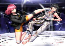 2girls akaba_(user_fptu3387) black_hair blood bruise catfight dougi injury karate multiple_girls peril short_hair tagme
