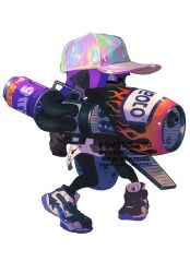 1girl 39_uxue baseball_cap black_skin colored_skin commentary_request full_body hat highres holding holding_weapon inkling inkling_girl inkling_player_character long_hair looking_ahead nintendo pink_eyes pointy_ears purple_hair range_blaster_(splatoon) shoes simple_background solo splatoon_(series) splatoon_3 tentacle_hair watermark weapon white_background