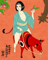 1girl absurdres akabeko aqua_kimono artist_logo barefoot black_hair breasts brown_eyes bull cleavage food fruit fukushima_prefecture full_body highres japanese_clothes kimono logo looking_to_the_side obi original parted_lips peach peach_tree sash sei5osuzuki short_hair short_kimono solo tree