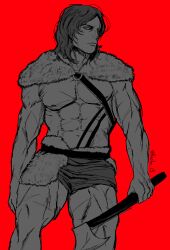 1boy abs axe barbarian capelet commentary english_commentary fear_&amp;_hunger fear_&amp;_hunger_(series) fear_&amp;_hunger_1 fur_capelet highres holding holding_axe kocho_15 male_focus medium_hair muscular muscular_male o-ring o-ring_top ragnvaldr_(fear_&amp;_hunger) red_background simple_background skirt solo twitter_username