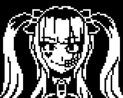 1girl amemiya_darumi art_style_parody black_bow bow closed_mouth collar deltarune female_focus greyscale hair_bow heart long_hair looking_at_viewer makeup monochrome multicolored_hair parody runny_makeup safety_pin smile solo solo_focus style_parody the_hundred_line_-last_defense_academy- twintails