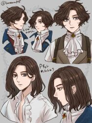 1boy artist_name ascot brown_hair closed_mouth expressionless eyelashes freckles grey_background highres imawa315 lies_of_p male_focus medium_hair multiple_views official_alternate_hairstyle open_mouth pinocchio_(lies_of_p) ringed_eyes shirt short_hair translation_request twitter_username white_ascot white_shirt